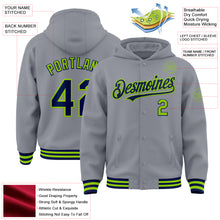 Загрузить изображение в средство просмотра галереи, Custom Gray Navy-Neon Green Bomber Full-Snap Varsity Letterman Hoodie Jacket
