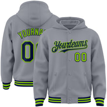 Загрузить изображение в средство просмотра галереи, Custom Gray Navy-Neon Green Bomber Full-Snap Varsity Letterman Hoodie Jacket
