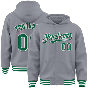 Custom Gray Kelly Green-White Bomber Full-Snap Varsity Letterman Hoodie Jacket