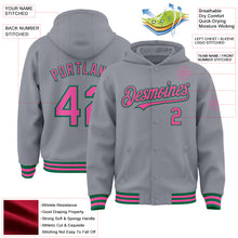 Загрузить изображение в средство просмотра галереи, Custom Gray Pink-Kelly Green Bomber Full-Snap Varsity Letterman Hoodie Jacket
