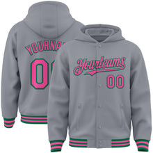 Загрузить изображение в средство просмотра галереи, Custom Gray Pink-Kelly Green Bomber Full-Snap Varsity Letterman Hoodie Jacket
