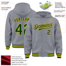 Загрузить изображение в средство просмотра галереи, Custom Gray Green-Gold Bomber Full-Snap Varsity Letterman Hoodie Jacket
