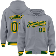 Загрузить изображение в средство просмотра галереи, Custom Gray Green-Gold Bomber Full-Snap Varsity Letterman Hoodie Jacket
