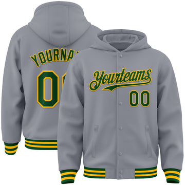 Custom Gray Green-Gold Bomber Full-Snap Varsity Letterman Hoodie Jacket