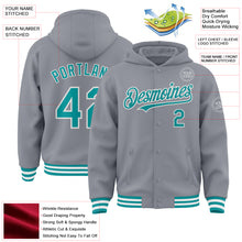 Загрузить изображение в средство просмотра галереи, Custom Gray Teal-White Bomber Full-Snap Varsity Letterman Hoodie Jacket
