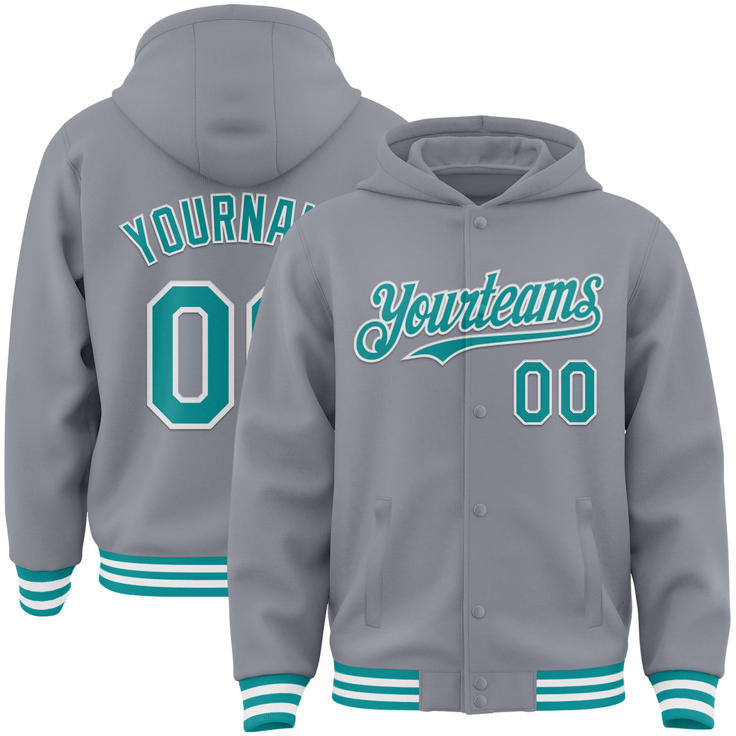 Custom Gray Teal-White Bomber Full-Snap Varsity Letterman Hoodie Jacket