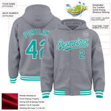 Загрузить изображение в средство просмотра галереи, Custom Gray Aqua-White Bomber Full-Snap Varsity Letterman Hoodie Jacket
