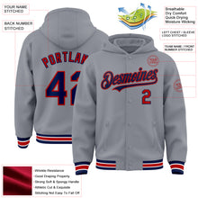 Загрузить изображение в средство просмотра галереи, Custom Gray Navy-Red Bomber Full-Snap Varsity Letterman Hoodie Jacket
