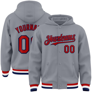 Custom Gray Red-Navy Bomber Full-Snap Varsity Letterman Hoodie Jacket