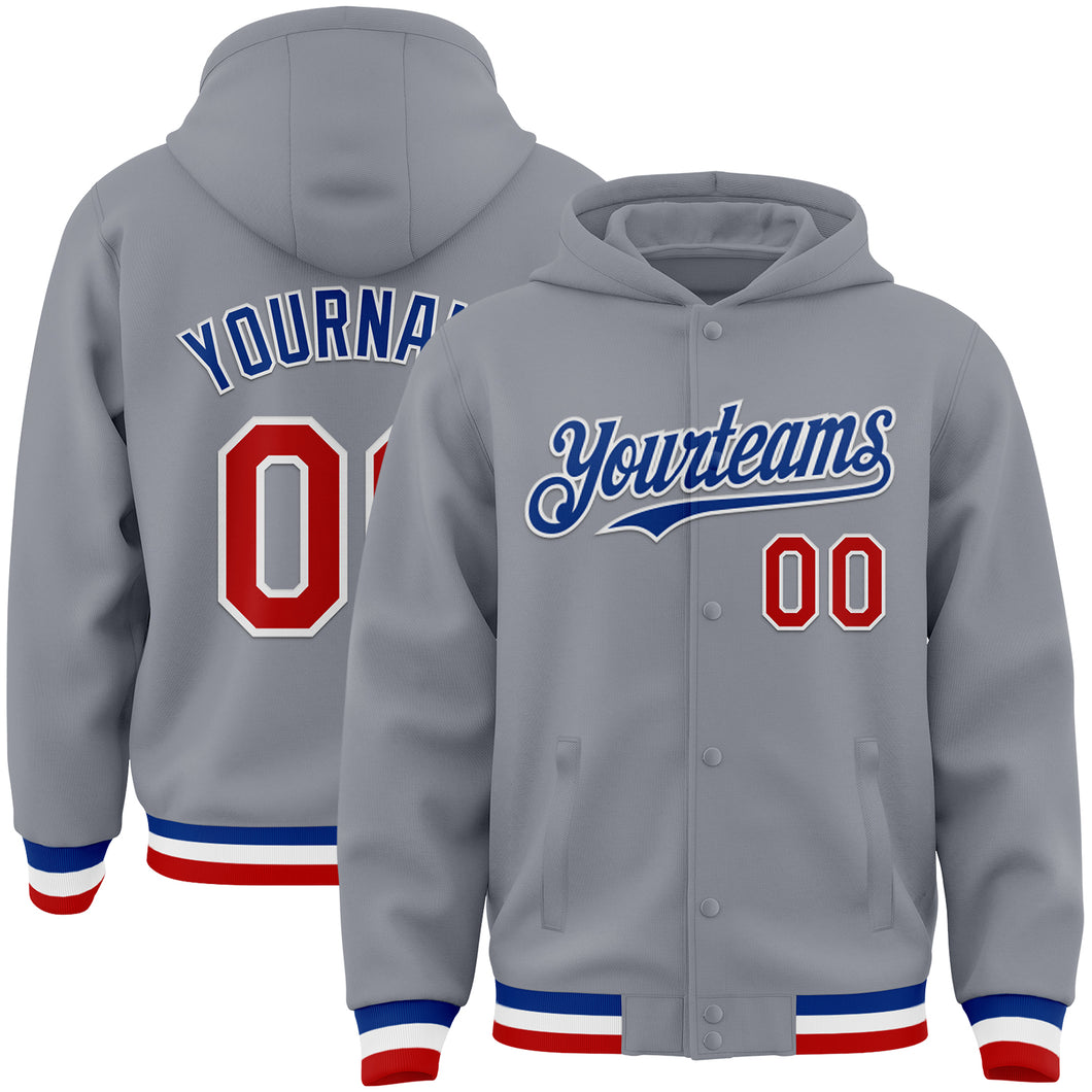 Custom Gray Red-Royal Bomber Full-Snap Varsity Letterman Hoodie Jacket