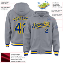 Загрузить изображение в средство просмотра галереи, Custom Gray Royal-Yellow Bomber Full-Snap Varsity Letterman Hoodie Jacket
