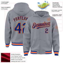 Загрузить изображение в средство просмотра галереи, Custom Gray Royal-Orange Bomber Full-Snap Varsity Letterman Hoodie Jacket
