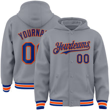 Загрузить изображение в средство просмотра галереи, Custom Gray Royal-Orange Bomber Full-Snap Varsity Letterman Hoodie Jacket
