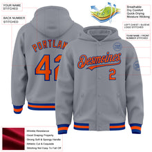 Загрузить изображение в средство просмотра галереи, Custom Gray Orange-Royal Bomber Full-Snap Varsity Letterman Hoodie Jacket
