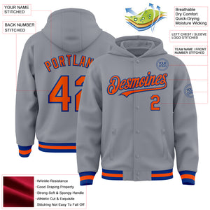 Custom Gray Orange-Royal Bomber Full-Snap Varsity Letterman Hoodie Jacket