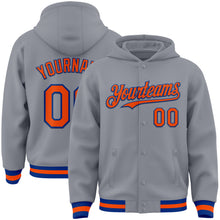 Загрузить изображение в средство просмотра галереи, Custom Gray Orange-Royal Bomber Full-Snap Varsity Letterman Hoodie Jacket
