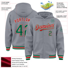 Загрузить изображение в средство просмотра галереи, Custom Gray Kelly Green-Red Bomber Full-Snap Varsity Letterman Hoodie Jacket
