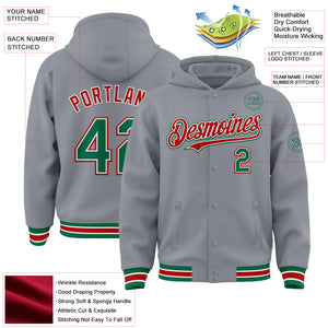 Custom Gray Kelly Green-Red Bomber Full-Snap Varsity Letterman Hoodie Jacket