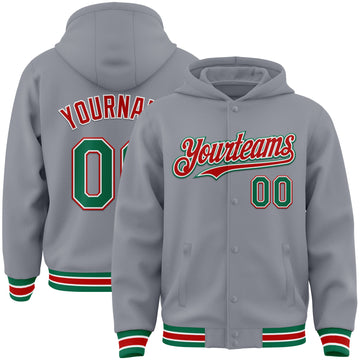 Custom Gray Kelly Green-Red Bomber Full-Snap Varsity Letterman Hoodie Jacket