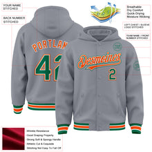 Загрузить изображение в средство просмотра галереи, Custom Gray Kelly Green-Orange Bomber Full-Snap Varsity Letterman Hoodie Jacket
