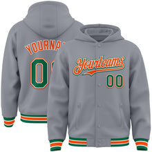 Загрузить изображение в средство просмотра галереи, Custom Gray Kelly Green-Orange Bomber Full-Snap Varsity Letterman Hoodie Jacket
