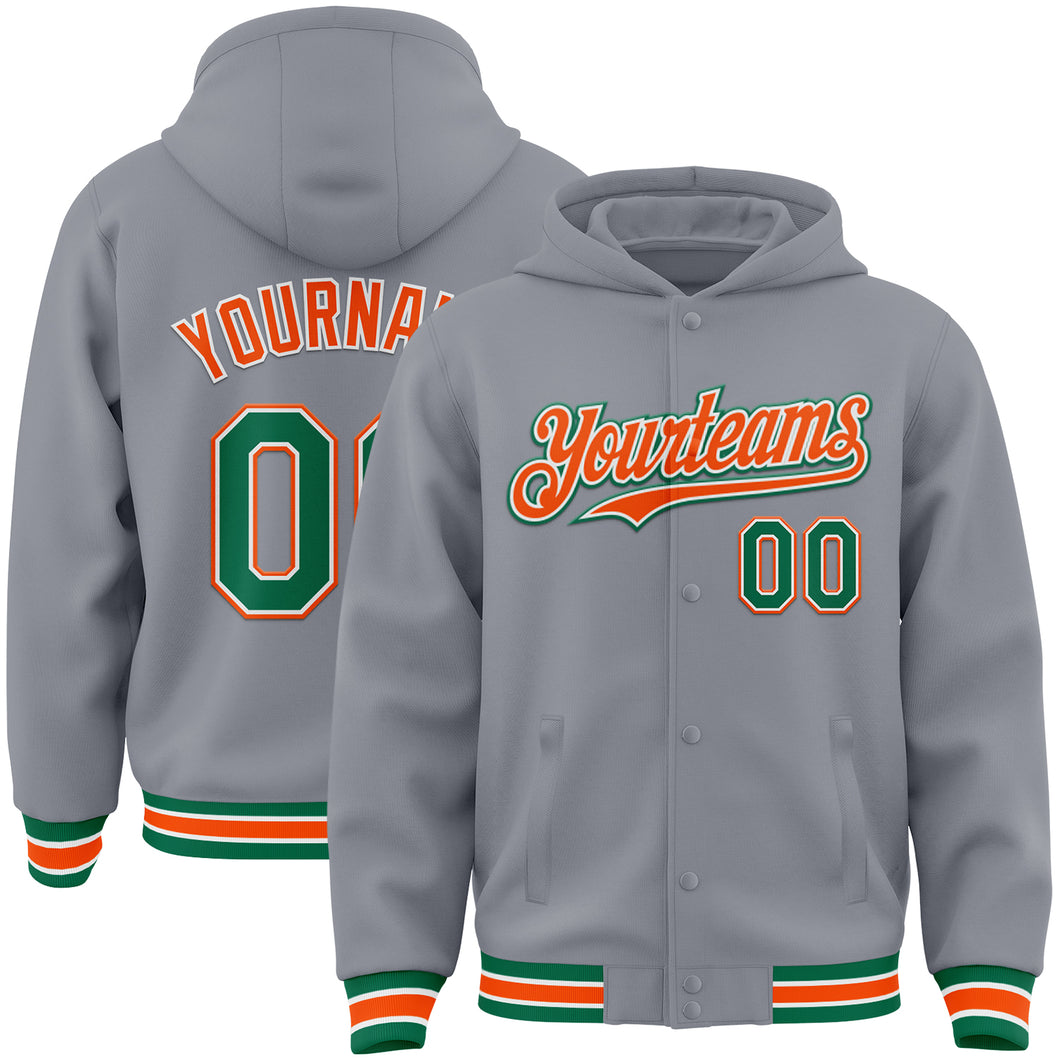 Custom Gray Kelly Green-Orange Bomber Full-Snap Varsity Letterman Hoodie Jacket