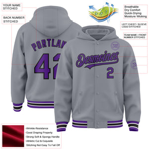 Custom Gray Purple-Black Bomber Full-Snap Varsity Letterman Hoodie Jacket