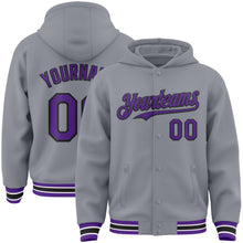 Загрузить изображение в средство просмотра галереи, Custom Gray Purple-Black Bomber Full-Snap Varsity Letterman Hoodie Jacket
