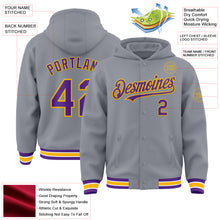 Загрузить изображение в средство просмотра галереи, Custom Gray Purple-Gold Bomber Full-Snap Varsity Letterman Hoodie Jacket
