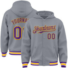 Загрузить изображение в средство просмотра галереи, Custom Gray Purple-Gold Bomber Full-Snap Varsity Letterman Hoodie Jacket
