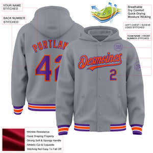 Custom Gray Purple-Orange Bomber Full-Snap Varsity Letterman Hoodie Jacket