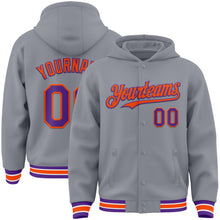 Загрузить изображение в средство просмотра галереи, Custom Gray Purple-Orange Bomber Full-Snap Varsity Letterman Hoodie Jacket
