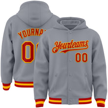 Загрузить изображение в средство просмотра галереи, Custom Gray Red-Gold Bomber Full-Snap Varsity Letterman Hoodie Jacket
