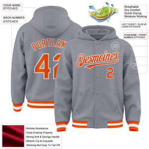 Custom Gray Orange-White Bomber Full-Snap Varsity Letterman Hoodie Jacket