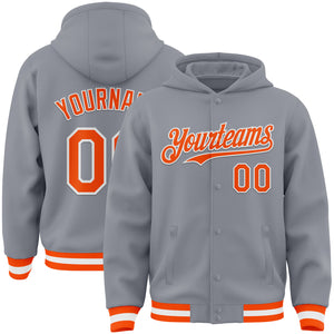 Custom Gray Orange-White Bomber Full-Snap Varsity Letterman Hoodie Jacket