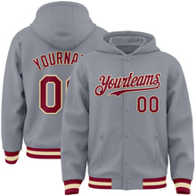 Загрузить изображение в средство просмотра галереи, Custom Gray Maroon-Cream Bomber Full-Snap Varsity Letterman Hoodie Jacket
