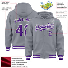 Загрузить изображение в средство просмотра галереи, Custom Gray Purple-White Bomber Full-Snap Varsity Letterman Hoodie Jacket
