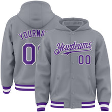 Загрузить изображение в средство просмотра галереи, Custom Gray Purple-White Bomber Full-Snap Varsity Letterman Hoodie Jacket
