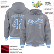 Загрузить изображение в средство просмотра галереи, Custom Gray Light Blue-White Bomber Full-Snap Varsity Letterman Hoodie Jacket
