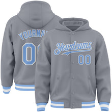 Загрузить изображение в средство просмотра галереи, Custom Gray Light Blue-White Bomber Full-Snap Varsity Letterman Hoodie Jacket
