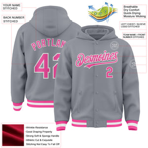 Custom Gray Pink-White Bomber Full-Snap Varsity Letterman Hoodie Jacket