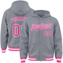 Загрузить изображение в средство просмотра галереи, Custom Gray Pink-White Bomber Full-Snap Varsity Letterman Hoodie Jacket
