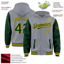 Загрузить изображение в средство просмотра галереи, Custom Gray Green-Gold Bomber Full-Snap Varsity Letterman Two Tone Hoodie Jacket
