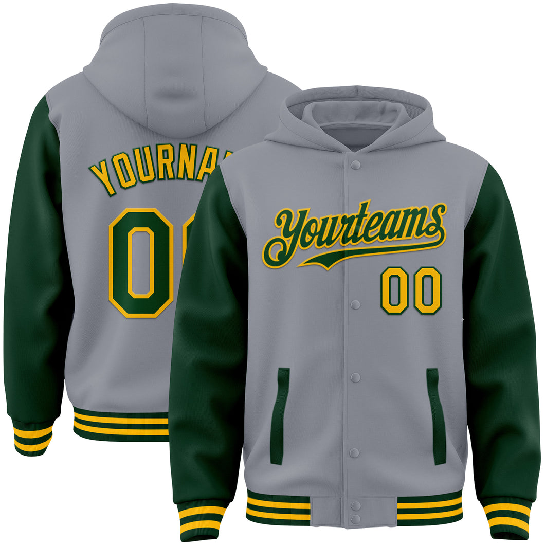 Custom Gray Green-Gold Bomber Full-Snap Varsity Letterman Two Tone Hoodie Jacket