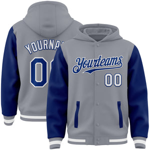 Custom Gray Royal-White Bomber Full-Snap Varsity Letterman Two Tone Hoodie Jacket