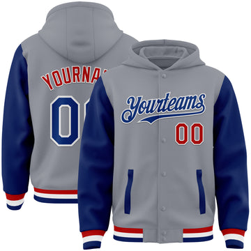 Custom Gray Royal-Red Bomber Full-Snap Varsity Letterman Two Tone Hoodie Jacket