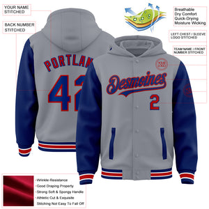 Custom Gray Royal-Red Bomber Full-Snap Varsity Letterman Two Tone Hoodie Jacket