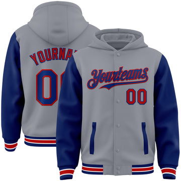 Custom Gray Royal-Red Bomber Full-Snap Varsity Letterman Two Tone Hoodie Jacket