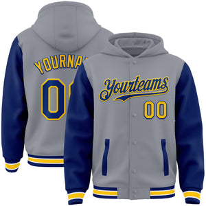 Custom Gray Royal-Yellow Bomber Full-Snap Varsity Letterman Two Tone Hoodie Jacket