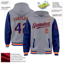 Загрузить изображение в средство просмотра галереи, Custom Gray Royal-Orange Bomber Full-Snap Varsity Letterman Two Tone Hoodie Jacket
